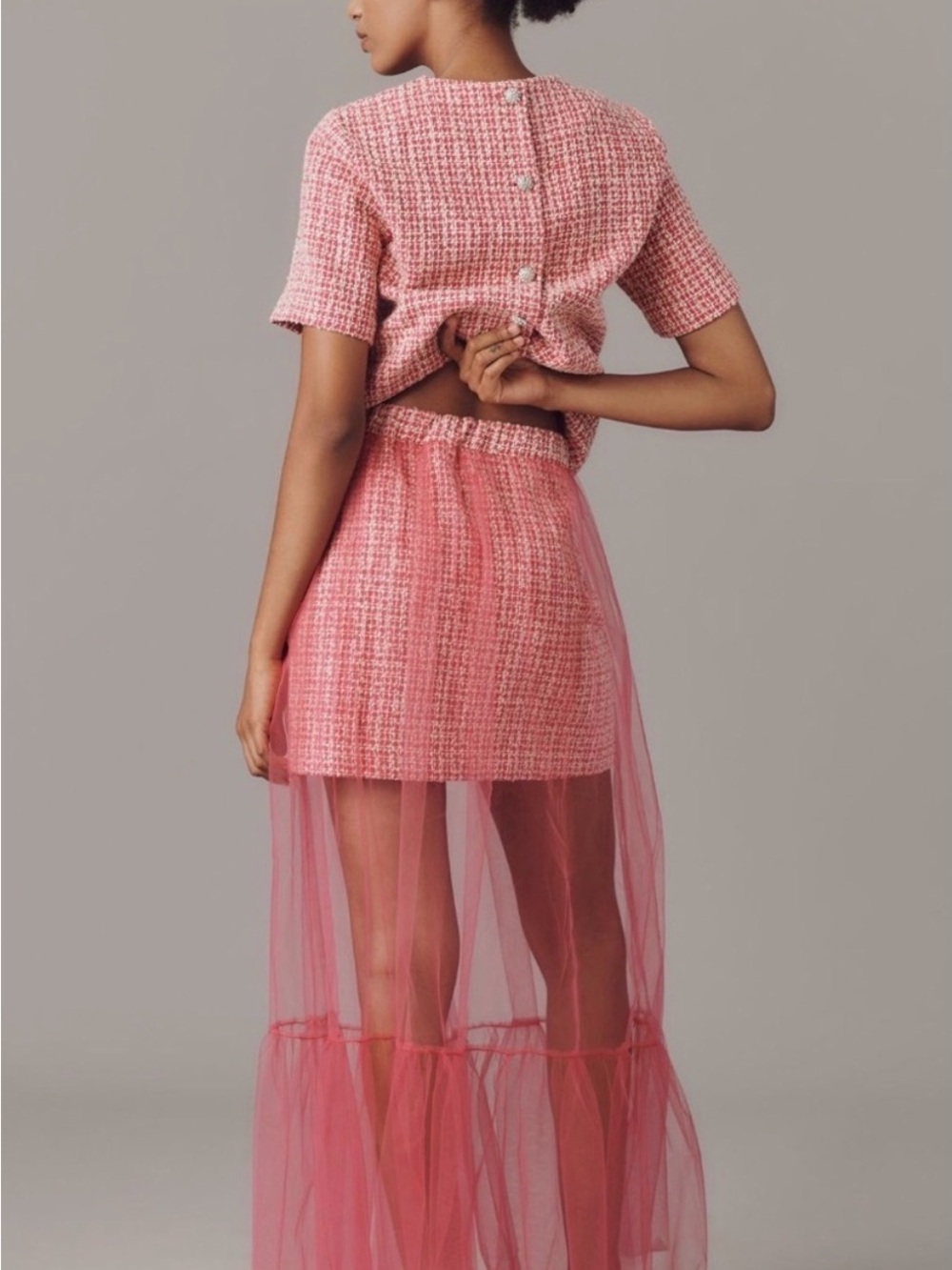 Anthropologie Hot Pink Tweed Mini with Sheer High-Low Tulle Overlay - Picture 10 of 10